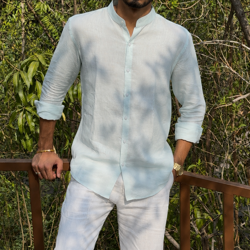 men shirt pure linen light blue Chinese collared