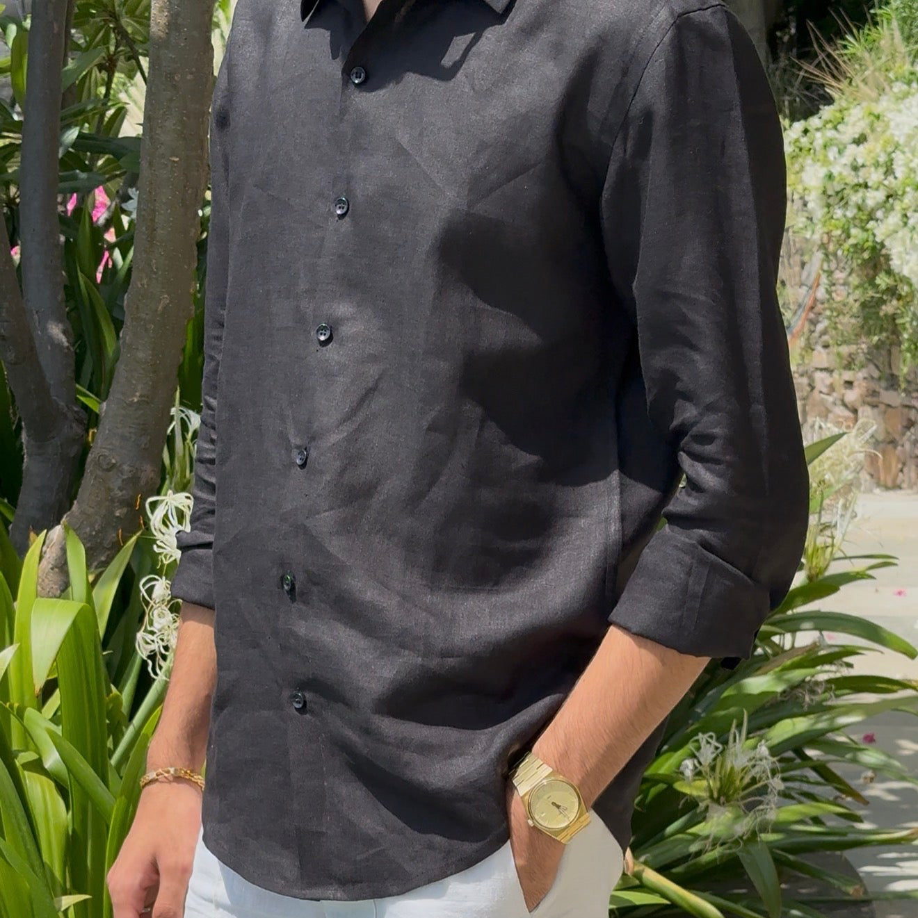 men shirt pure linen black collared