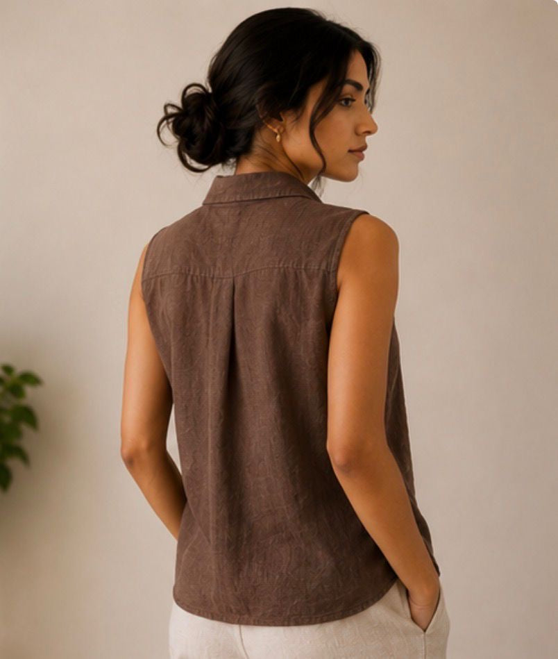 brown pure linen sleeveless women shirt