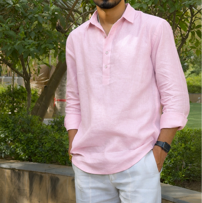 men top pure linen pink collared