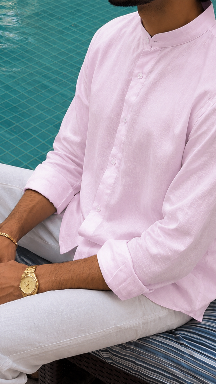 men shirt pure linen pink Chinese collared