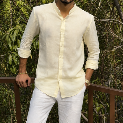 men shirt pure linen butter yellow Chinese collared