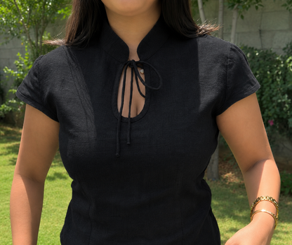 women top pure linen black neck tie-up