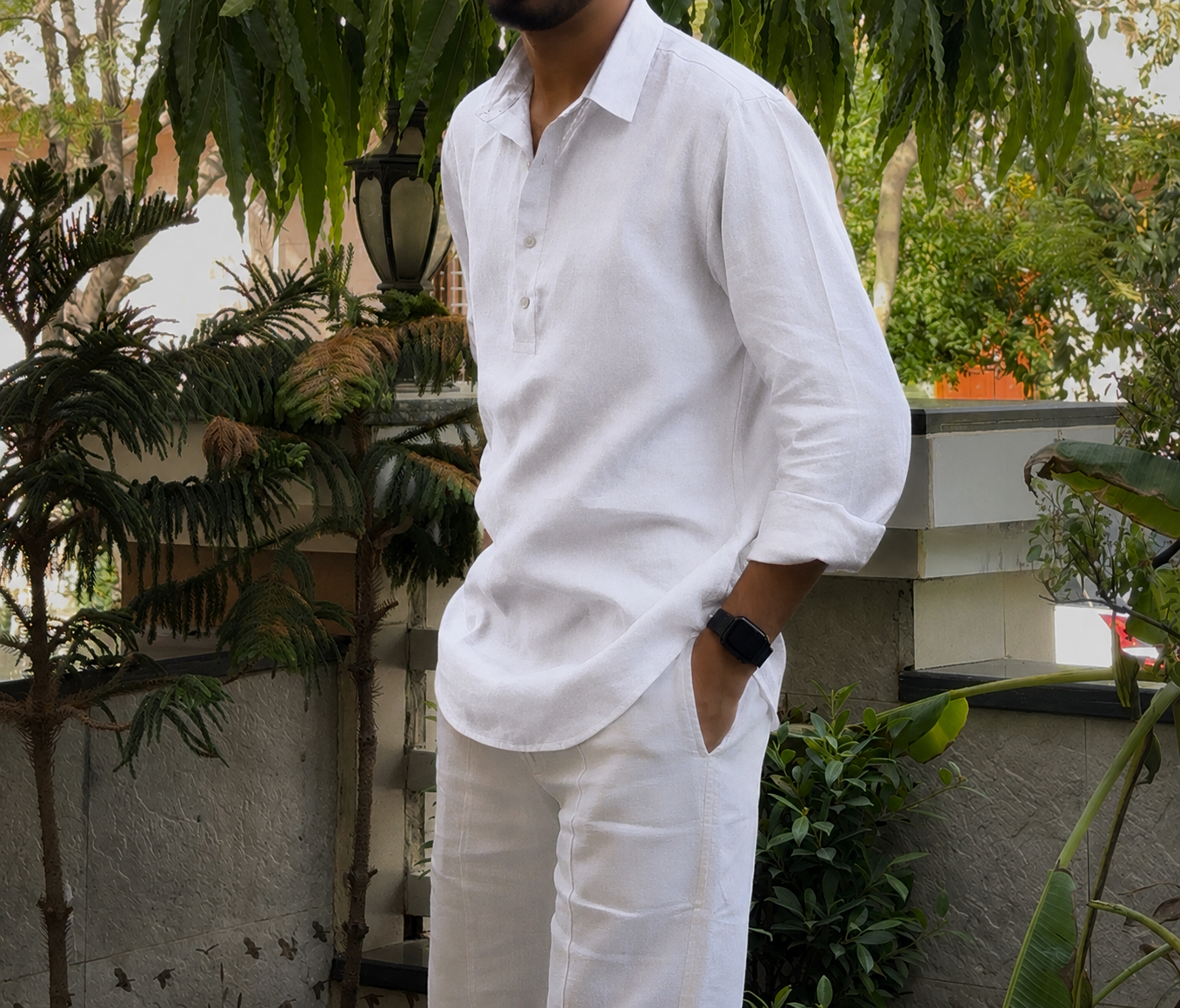 men top pure linen white collared
