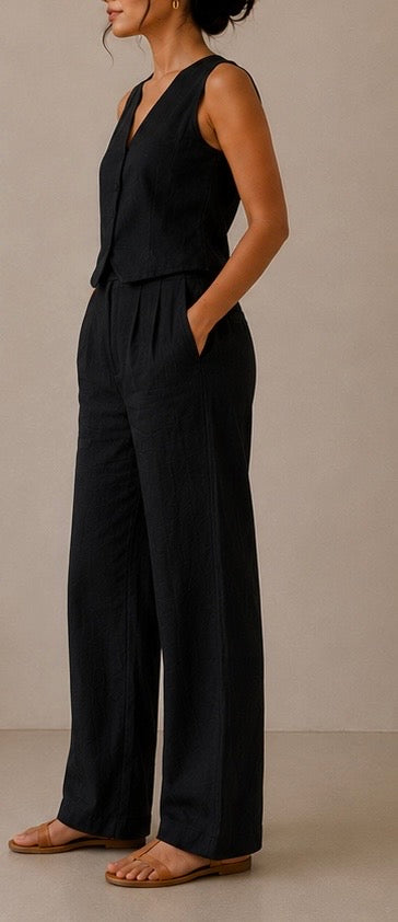 women pants pure linen black straight fit