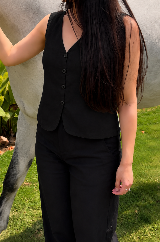 women top black pure linen
