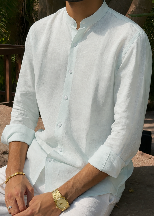 men shirt pure linen light blue Chinese collared