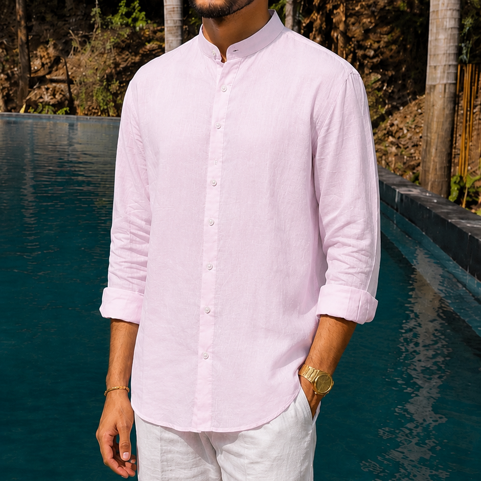 men shirt pure linen pink Chinese collared