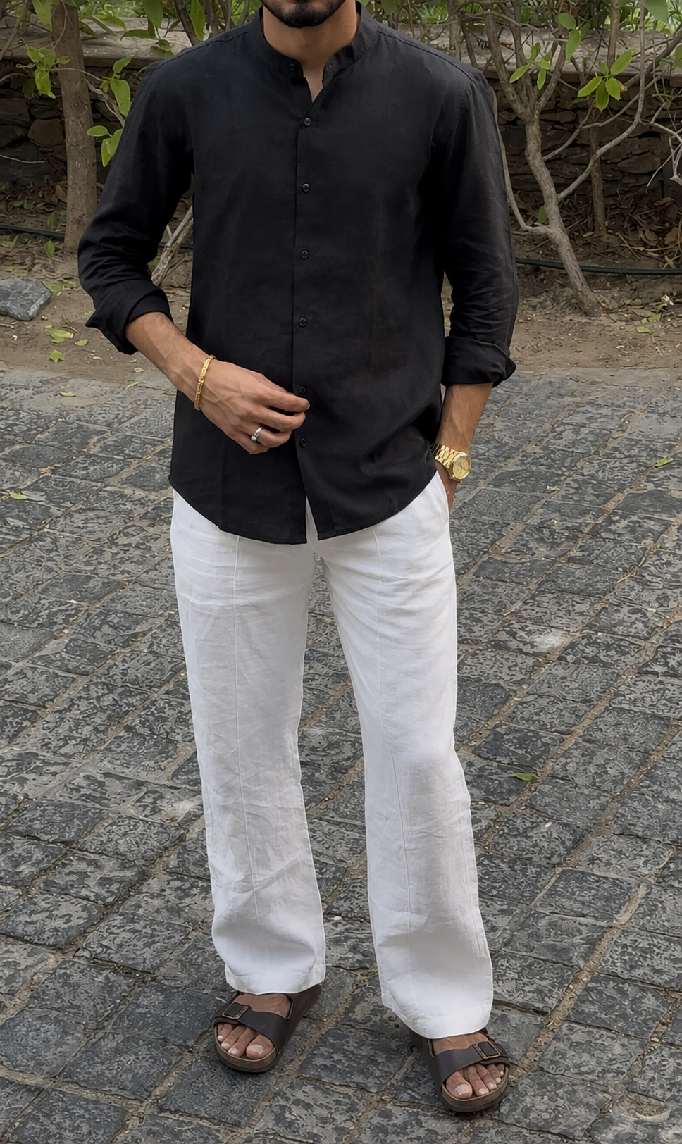 men shirt pure linen black Chinese collared
