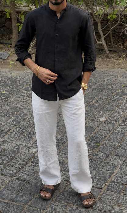 men shirt pure linen black Chinese collared