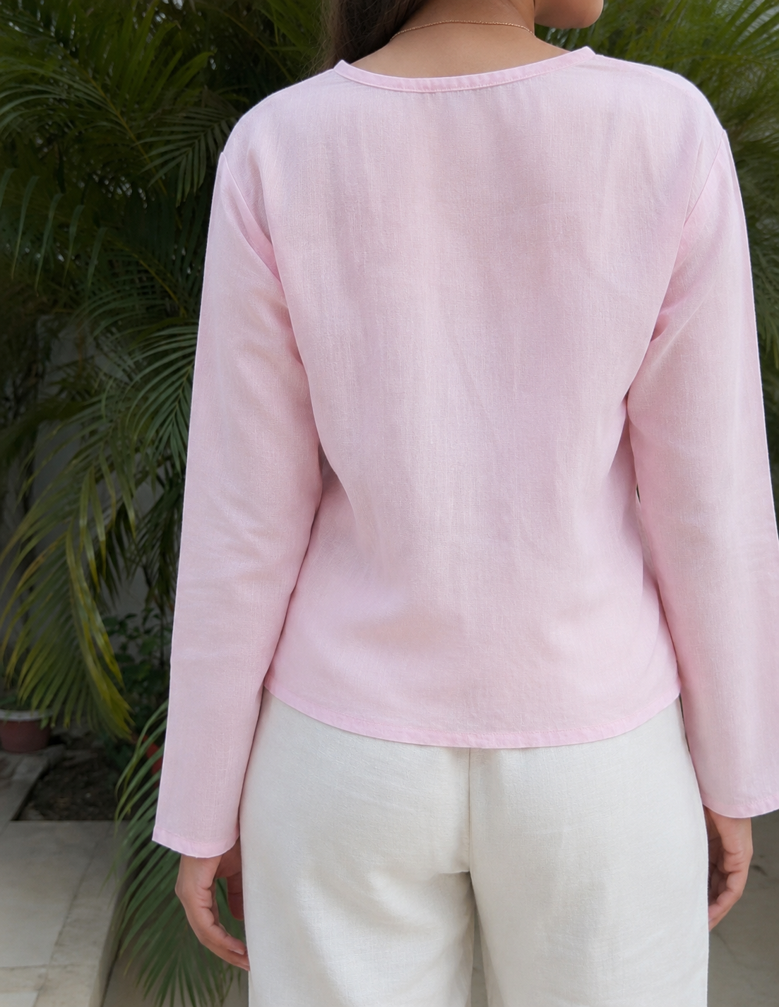 women top pink pure linen front tie up