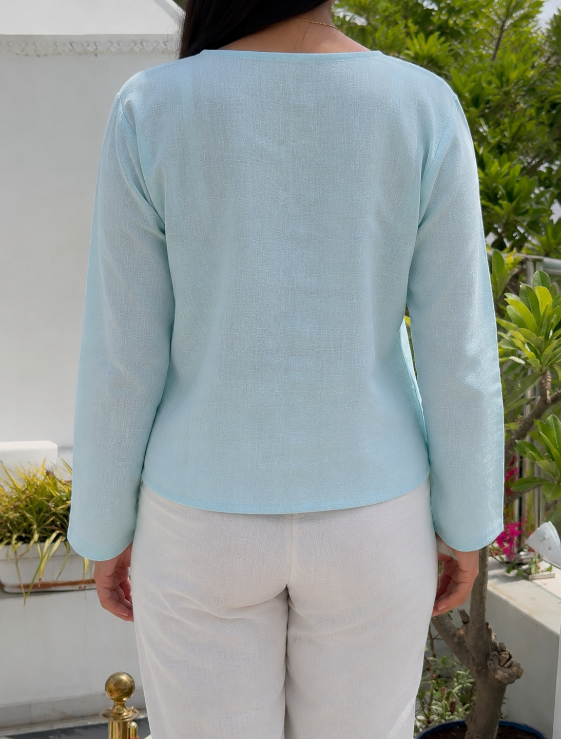 women top pure linen light blue front tie up