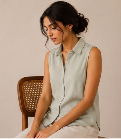muted sage sleeveless pure linen women shirt