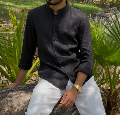 men shirt pure linen black Chinese collared