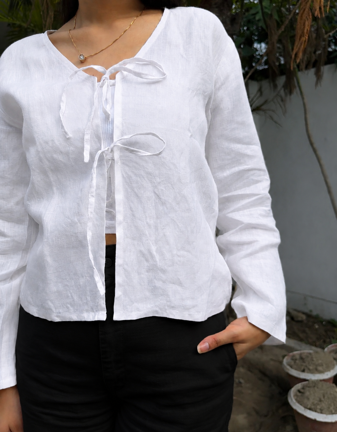 women top white pure linen front tie up