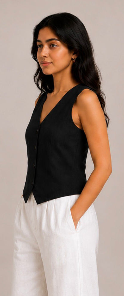 women top black pure linen