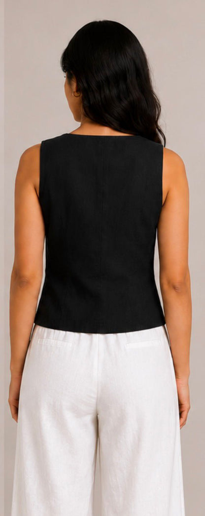 women top black pure linen