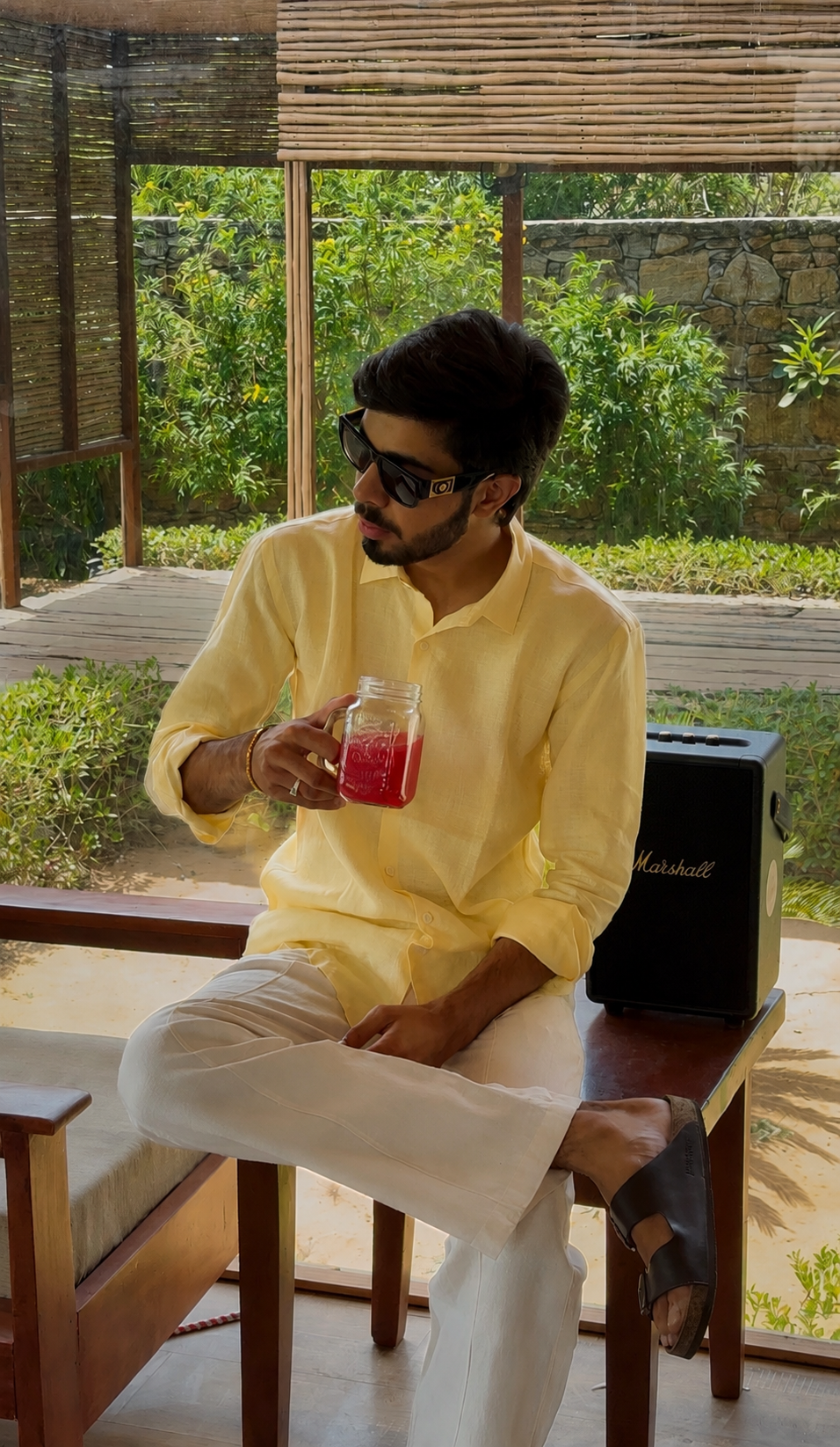 men top pure linen butter yellow collared