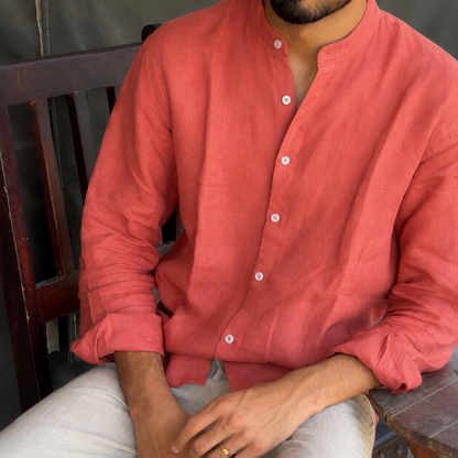 men shirt pure linen amber rust Chinese collared
