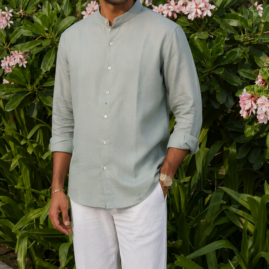 men shirt pure linen sage green Chinese collared