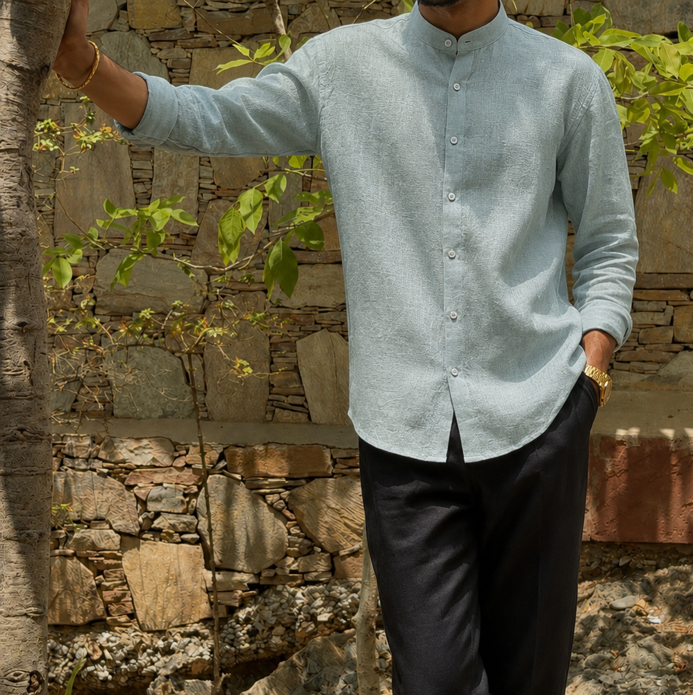 men shirt pure linen sage green Chinese collared