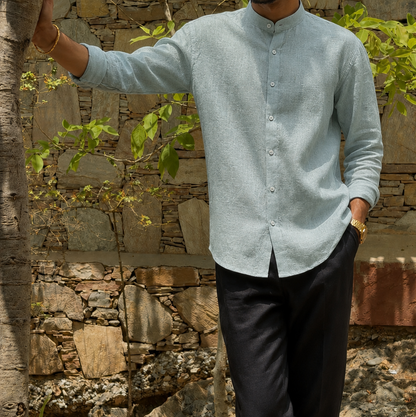 men shirt pure linen sage green Chinese collared