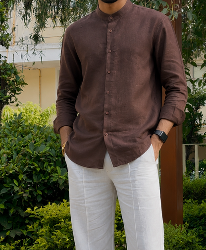 men shirt pure linen brown Chinese collared