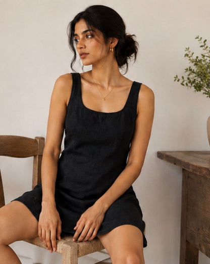 black pure linen dress women