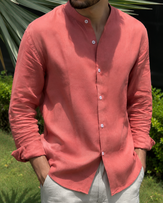 men shirt pure linen amber rust Chinese collared