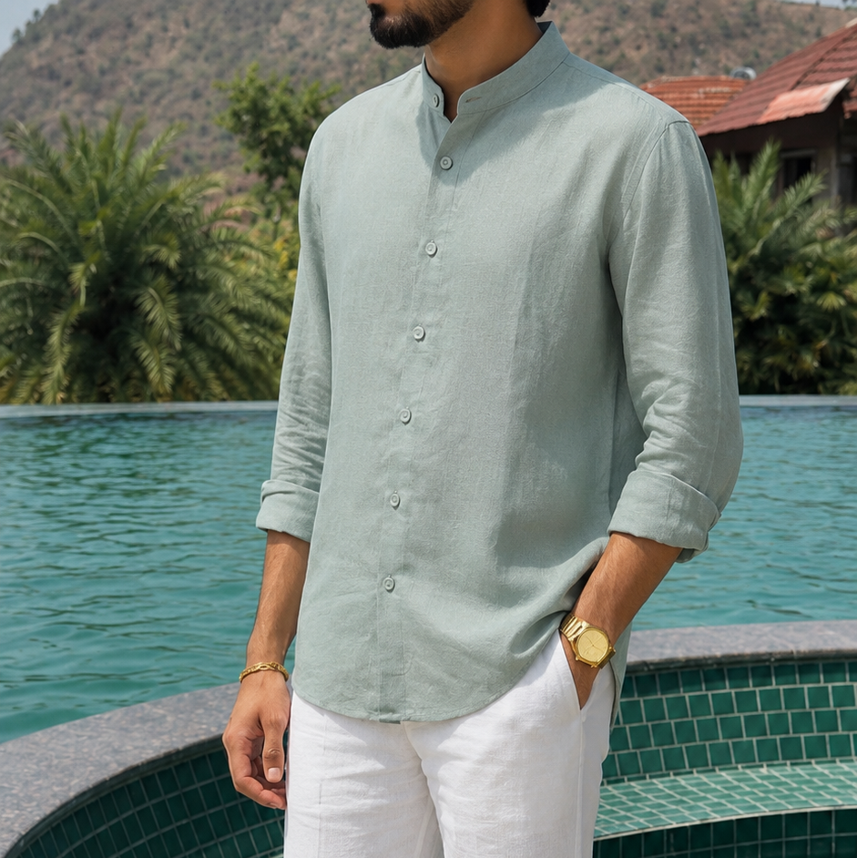 men shirt pure linen sage green Chinese collared