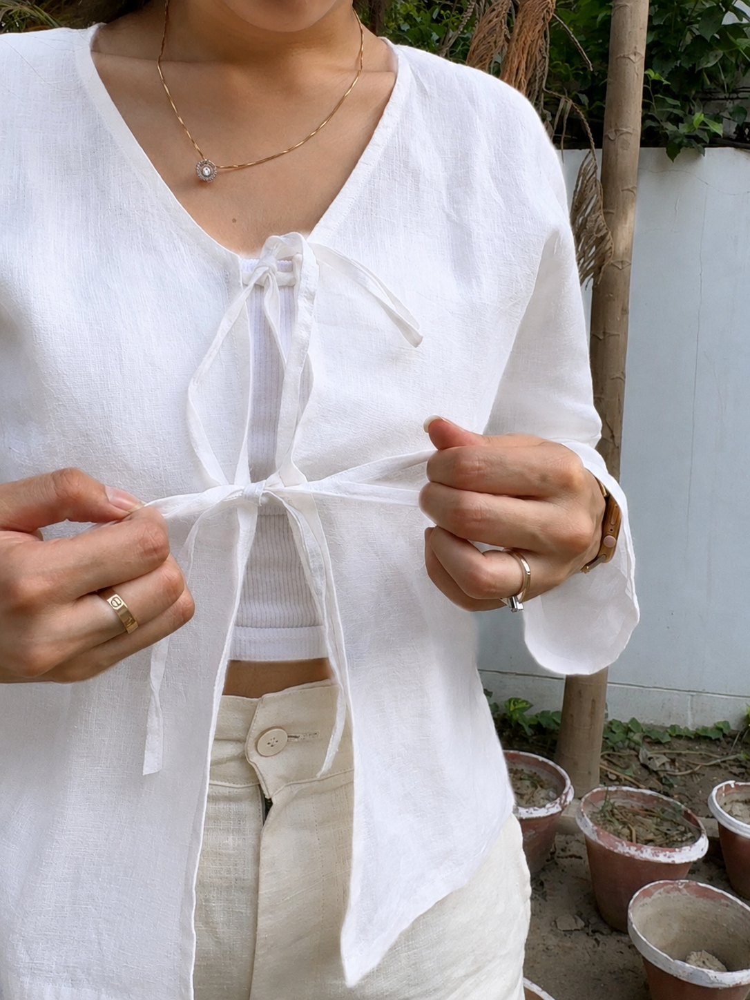 women top white pure linen front tie up