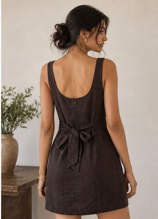 women brown pure linen dress