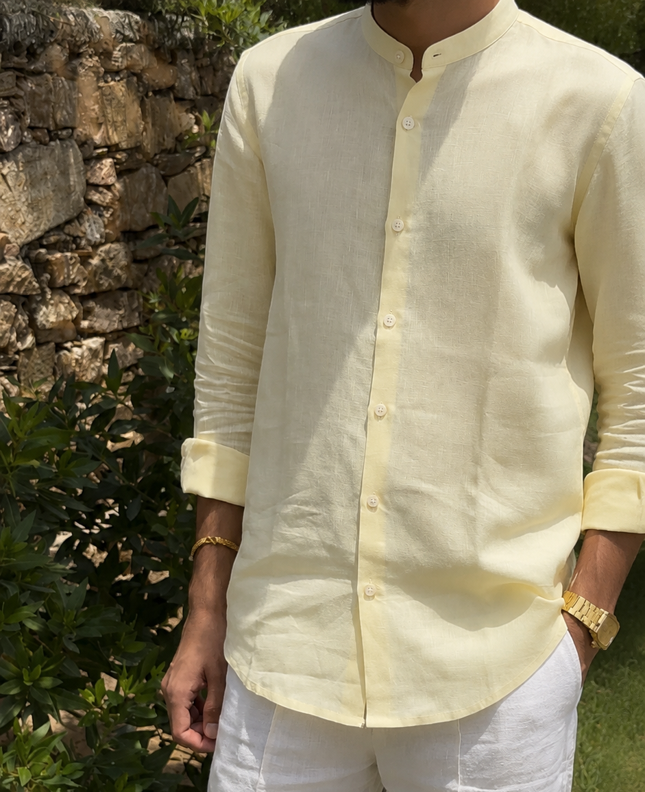 men shirt pure linen butter yellow Chinese collared