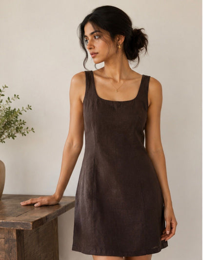 women brown pure linen dress