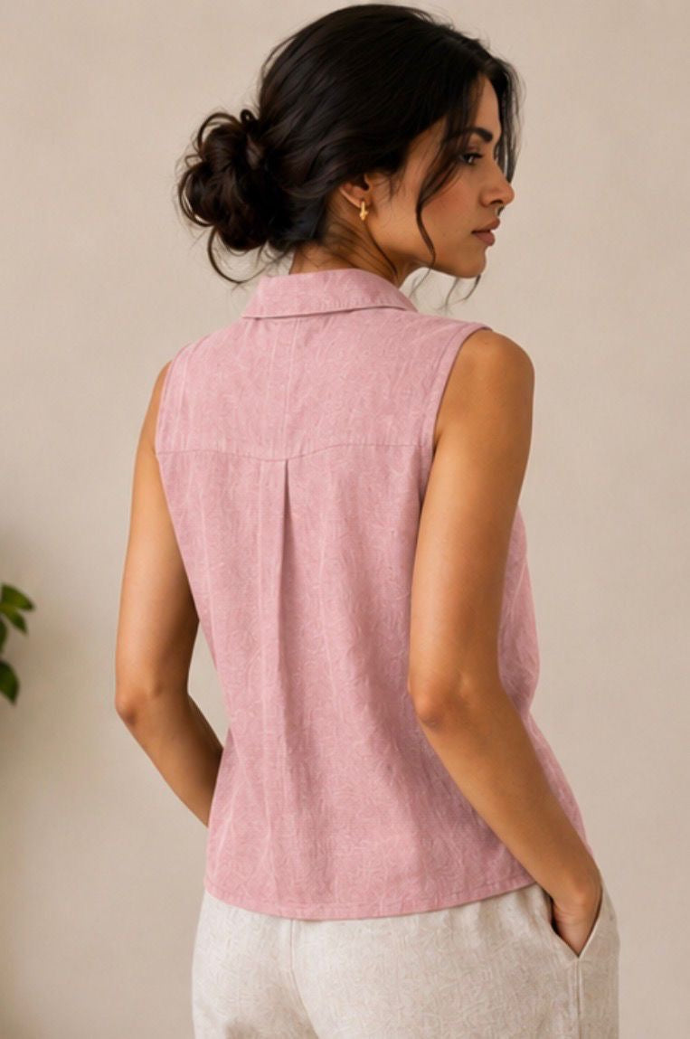blush pink pure linen sleeveless women shirt