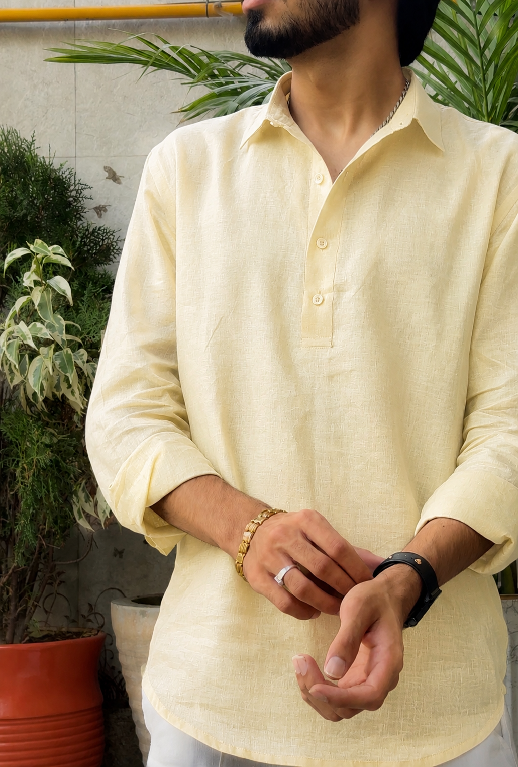 men top pure linen butter yellow collared