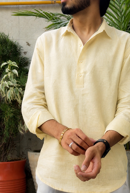 men top pure linen butter yellow collared