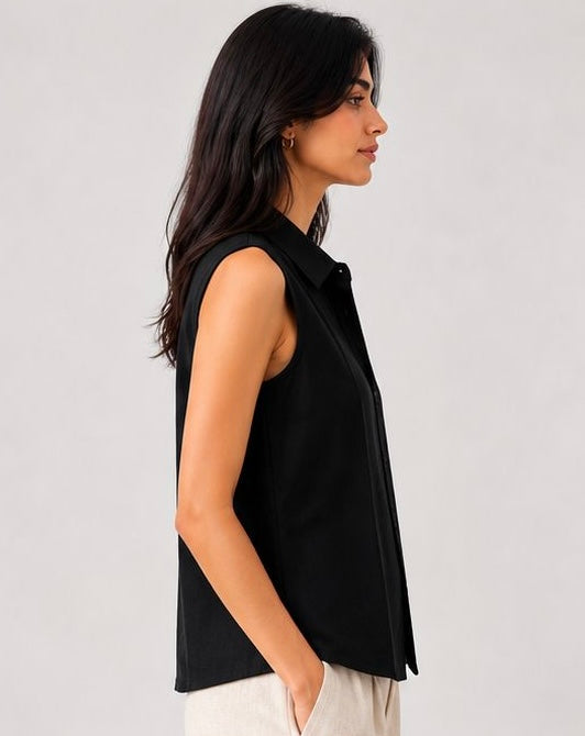 Black Pure Linen Sleeveless women shirt