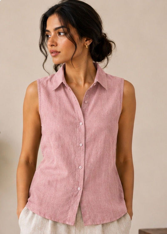 blush pink pure linen sleeveless women shirt