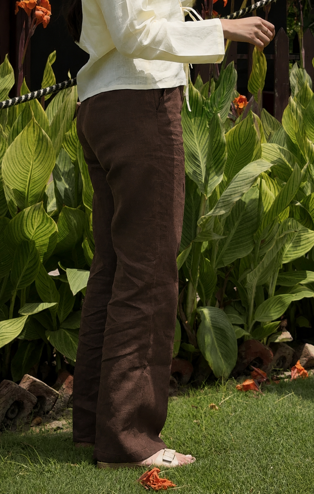 women pants pure linen brown straight fit