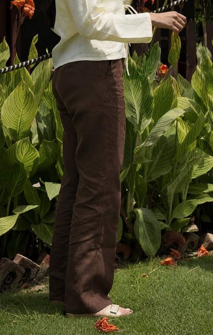 women pants pure linen brown straight fit