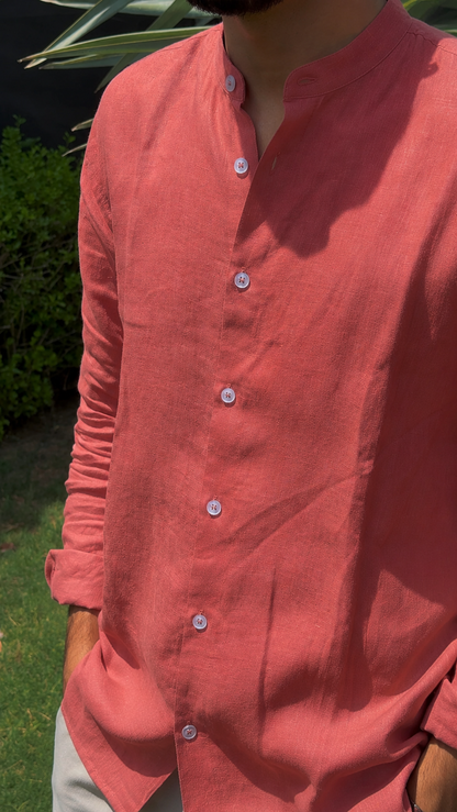men shirt pure linen amber rust Chinese collared