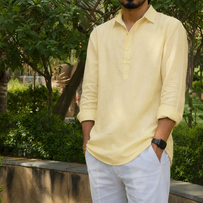 men top pure linen butter yellow collared