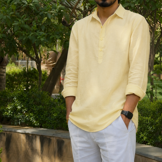 men top pure linen butter yellow collared