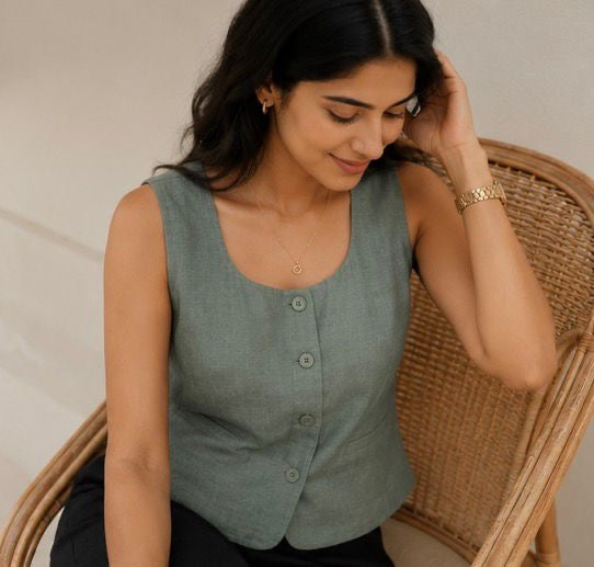 women top sage green pure linen
