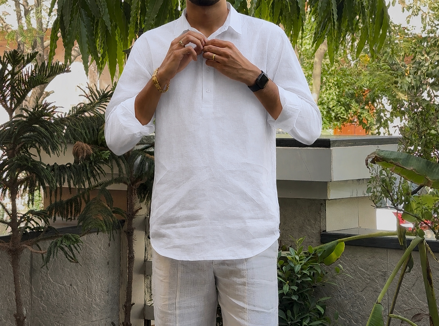 men top pure linen white collared