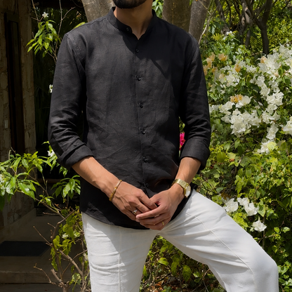 men shirt pure linen black Chinese collared