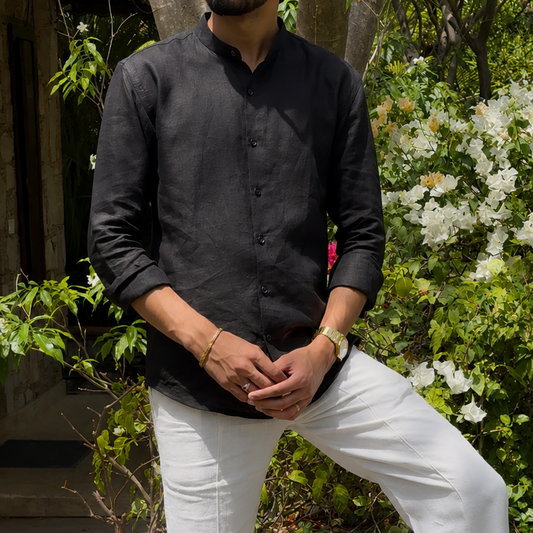 men shirt pure linen black Chinese collared