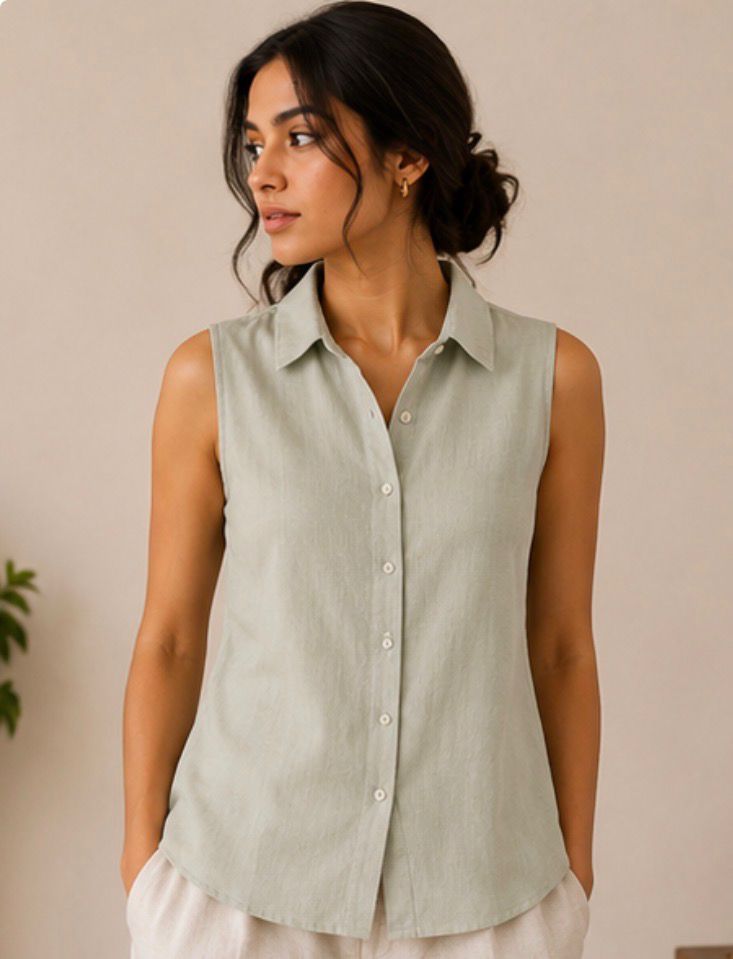 muted sage sleeveless pure linen women shirt