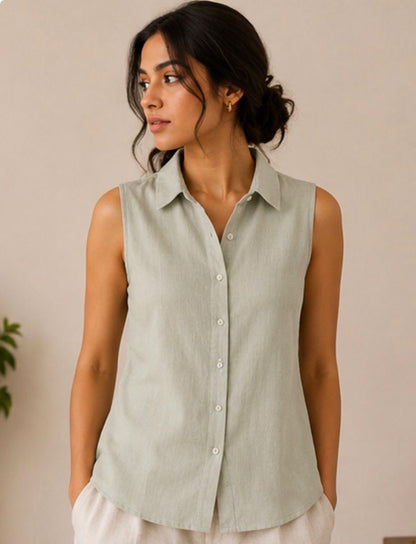 muted sage sleeveless pure linen women shirt